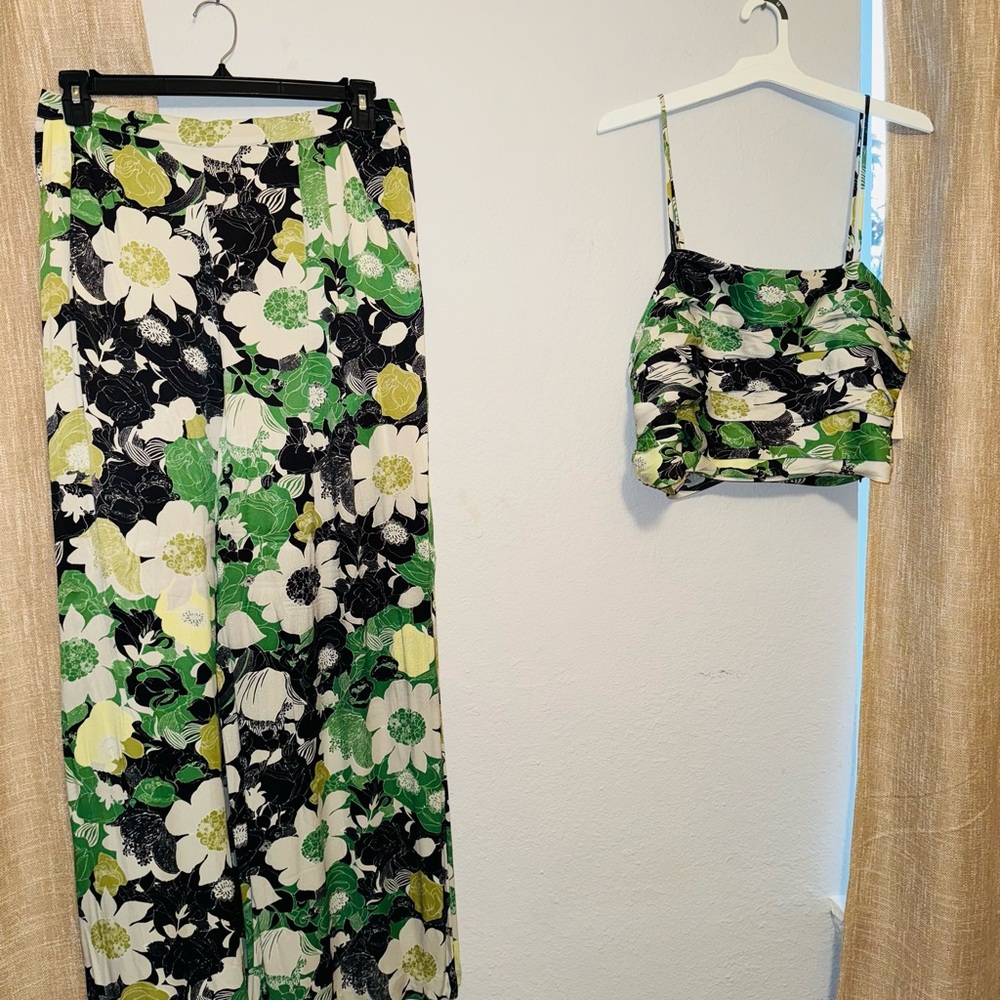 NWT Anthropologie Floral Wide-Leg Crop Top Two-Piece Set in Green and Black
